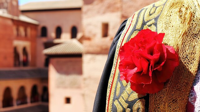 Red carnation on a golden-threaded shawl, embodying Spanish cultural richness and elegance.