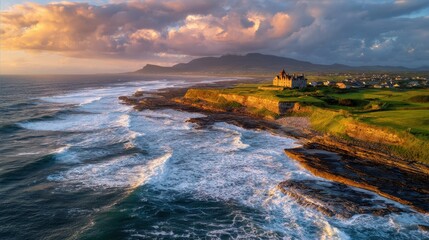 Dramatic aerial view of a historic castle on the Irish coast with crashing waves and golden hour light