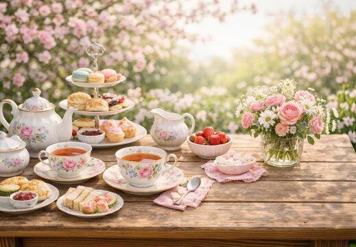 Charming spring tea party setup on rustic wooden table, showcasing elegant teapot, teacups, various sweet treats, and vibrant fresh flowers in sunlit garden.