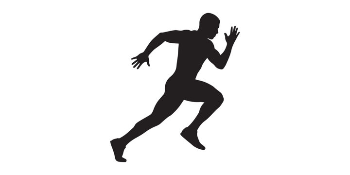 Running athlete silhouettes illustration, sprint start jump and speed action poses, dynamic male fitness training movements, competitive sport black vector set,male athlete sprint running, powerful