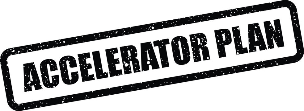 Distressed style rectangular stamp featuring the words accelerator plan for strategic business initiatives and project management