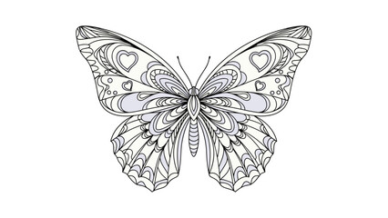 Artistic line art butterfly with heart-shaped patterns on its wings and intricate decorative details in gray.