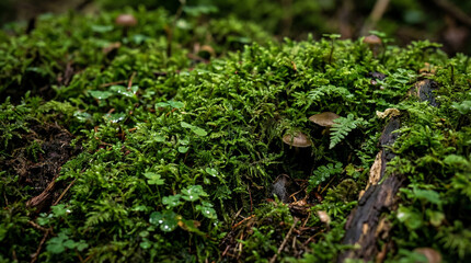 Obraz premium Close-up of tiny mushrooms growing among lush green moss and ferns on a forest floor