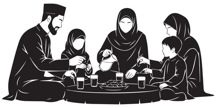 Muslim family enjoying iftar meal together during Ramadan on White background,Family iftar together vector icon black silhouette white background ,black,pro