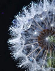 Glowing dandelion seeds on dark background, futuristic macro close-up
