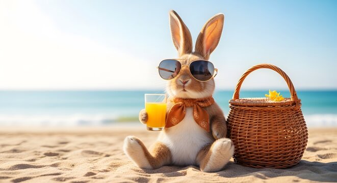 Easter bunny on beach with sunglasses and easter basket