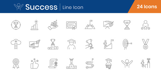 Success and Achievement Outline Icons Set of 24. Goals, Growth, Leadership Linear Vector Editable Stroke