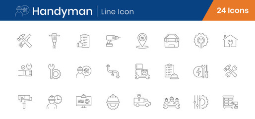 Handyman and Repair Service Outline Icons Set of 24. Tools, Maintenance, Construction Linear Vector Editable Stroke