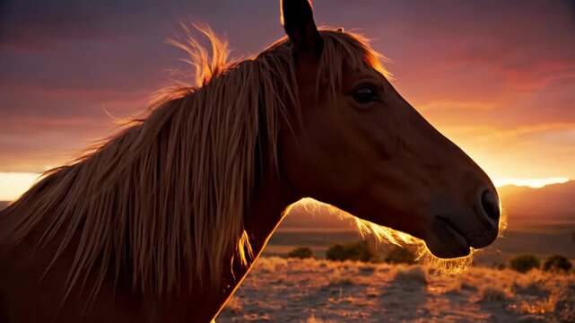 Majestic Horse Silhouetted Against a Vibrant Sunset Sky in Nature.