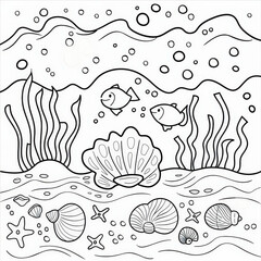 Simple Underwater World Coloring Page for Kids with Cute Fish, Seashells, Seaweed, Easy Black and White Line Art Illustration of Ocean Life for Children's Activity Books and Education, High Quality