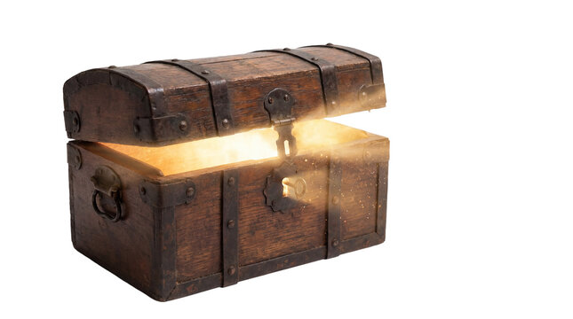 Antique wooden treasure chest opening with bright light on transparent background