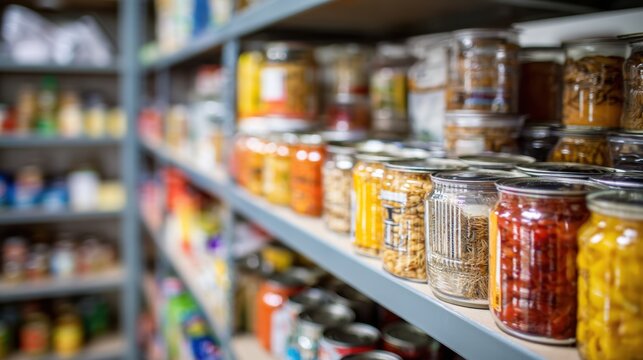 Organized pantry shelves with assorted canned goods in glass jars.