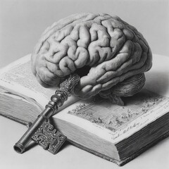 A highly detailed black-and-white illustration of a human brain resting on an open book