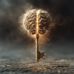 Abstract conceptual image of a brain-shaped golden key floating in darkness