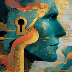 Abstract depiction of the human mind as a teal silhouette with a keyhole