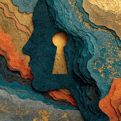Abstract depiction of the human mind as a teal silhouette with a keyhole