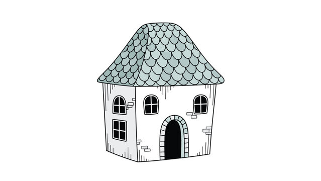 Simple house illustration with a grey fish-scale tiled roof, white stone walls, and arched windows in a folk art style.