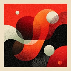 Set against a coral background filled with abstract shapes, flowing lines, and subtle patterns