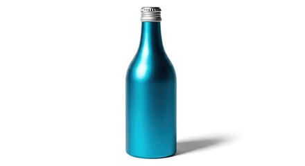 A Turquoise Metallic Bottle with a Silver Cap on a White Background