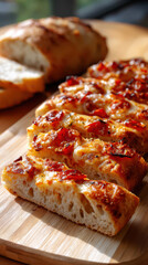 Freshly baked focaccia bread with crispy edges, topped with sun-dried tomatoes, served on a wooden cutting board