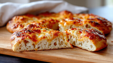 Freshly baked cheese bread with a golden crust sliced on a wooden board, showcasing a fluffy interior and rich texture