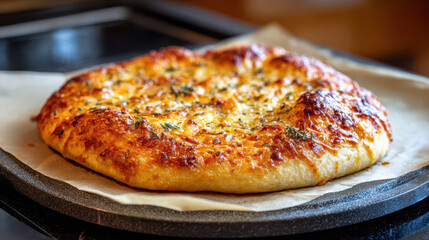 Freshly baked cheese bread on a baking tray, golden and crispy with herbs sprinkled on top, served in a warm kitchen setting