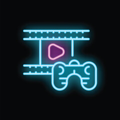 Neon glowing icon of video game controller playing video file on screen © ylivdesign
