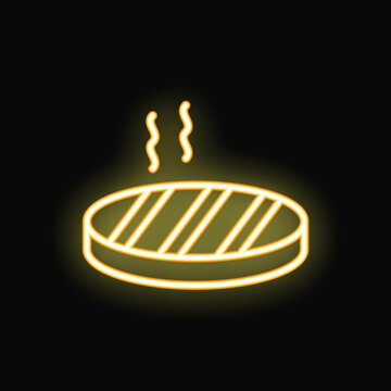 Bright yellow neon icon of a grilled steak with grill marks and smoke, perfect for representing delicious food