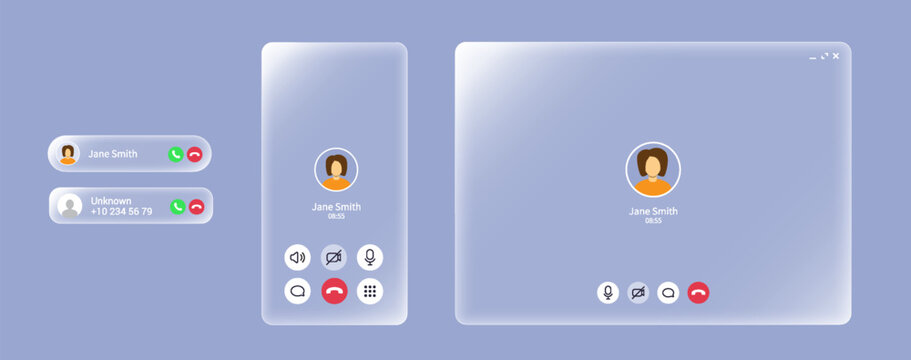 Video call screen and mobile audio push with liquid glass frame. White light board with call interface for web and mobile phone. Sound, mic, video and message icons and avatar. Messenger app mockup.