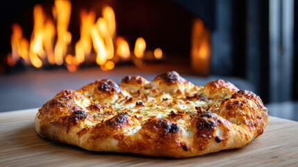 Freshly baked artisan pizza with golden crust resting on a wooden board, background featuring a glowing fireplace