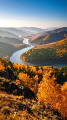 A vibrant autumn scene showcases a winding river carving through lush, colorful hills under a clear blue sky. Forest embraces the water's journey