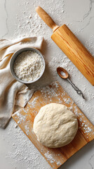 Preparation of dough on a wooden board with flour scattered on a marble countertop, accompanied by a rolling pin and bowl of flour