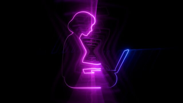 Neon glowing female silhouette working on laptop computer 3d illustration with futuristic purple and blue lights background, work from home