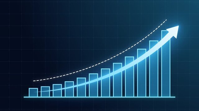 Digital business bar chart animation with steadily rising arrow and dotted trend line. Illustrating strong revenue growth, financial success, positive analytics, and long-term market development 