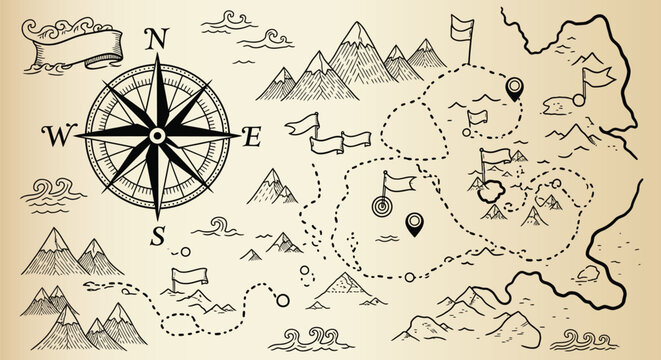 Vintage style treasure map with compass and mountains on parchment paper background eps vector