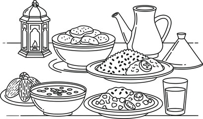 A beautifully arranged table with a variety of dishes and a lantern.