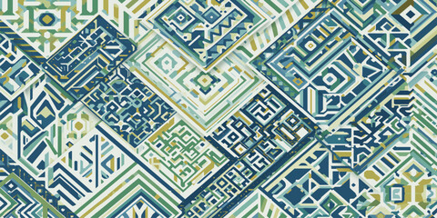 Set of seamless geometric patterns featuring vintage Thai style tiles and traditional oriental textile textures for elegant wallpaper design