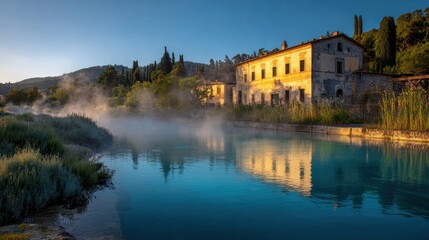 Obraz premium Scenic view of thermal hot springs with steam rising from turquoise water, reflecting historic buildings and lush green landscape at sunrise.