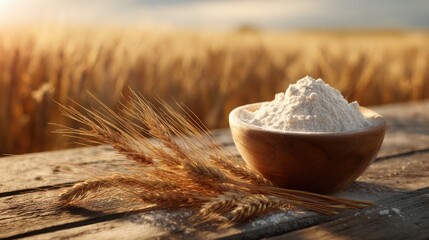 Freshly milled flour in wooden bowl with wheat stalks on rustic table at sunset.