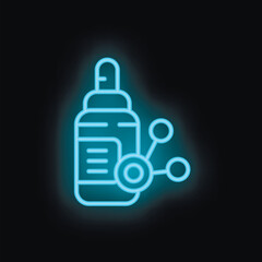 Obraz premium Neon blue icon of a medical bottle with a dropper and connected to a molecule, representing nano drugs for targeted therapy