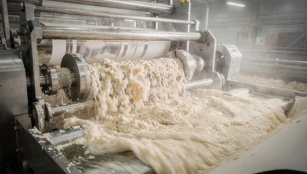 Medium shot capturing softwood mix pulp refining and stock flow in paper machine showcasing the mechanical treatment and fiber blending for durable paperboard sheets.