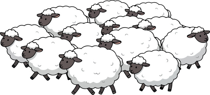 A flock of sheep walking together in the countryside, a serene illustration from a side view