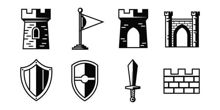 Medieval castle and weapon icons