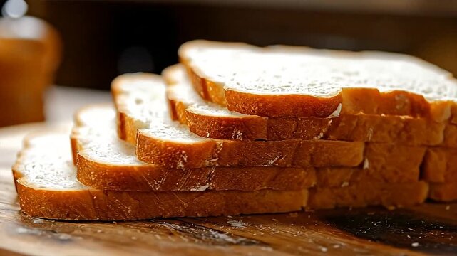 Slices of fresh white bread stacked neatly on a wooden cutting board, ready for a meal or snack.
