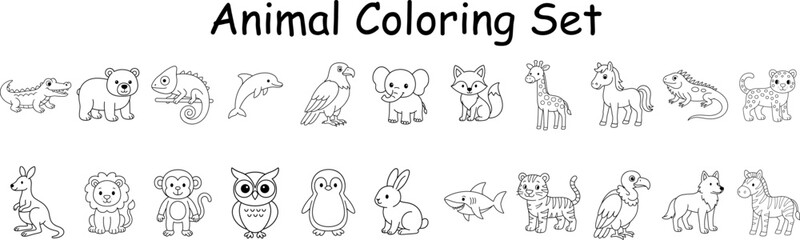 22 animal outline set for kids coloring activities. Suitable for coloring books, worksheets, early learning, homeschooling, and printable educational materials