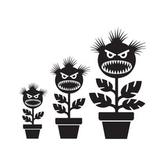 Black Silhouette Carnivorous Monster Plants with Sharp Teeth in Garden Pots. © Shohan