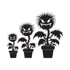 Black Silhouette Carnivorous Monster Plants with Sharp Teeth in Garden Pots. © Shohan