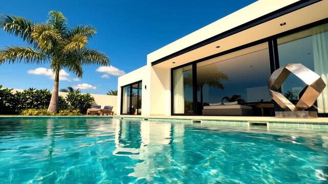 Modern pool and house with palm tree and clear blue sky on a sunny day