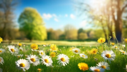 a spring meadow with daisies and trees blurred background bokeh effect sunny day blue sky green grass yellow flowers digital backdrop photography © Ashley