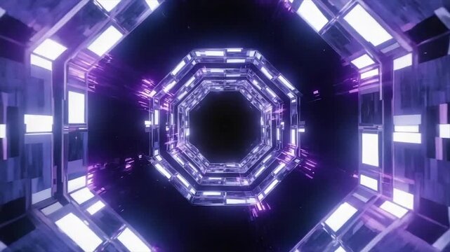 Futuristic, geometric tunnel with purple/white light emanating from the octagon structure